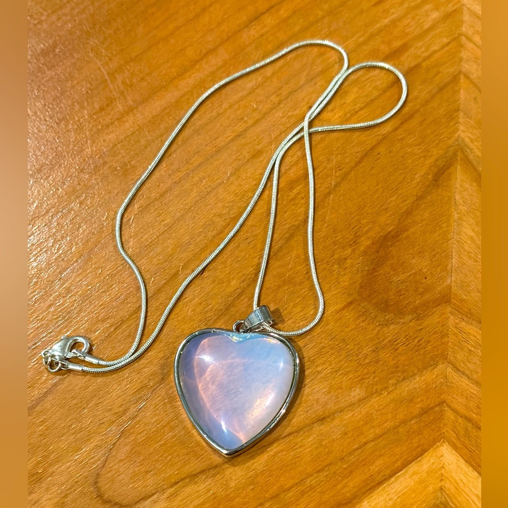 Sterling silver chain with large opalite heart pendant, Perfect Valentines gift!